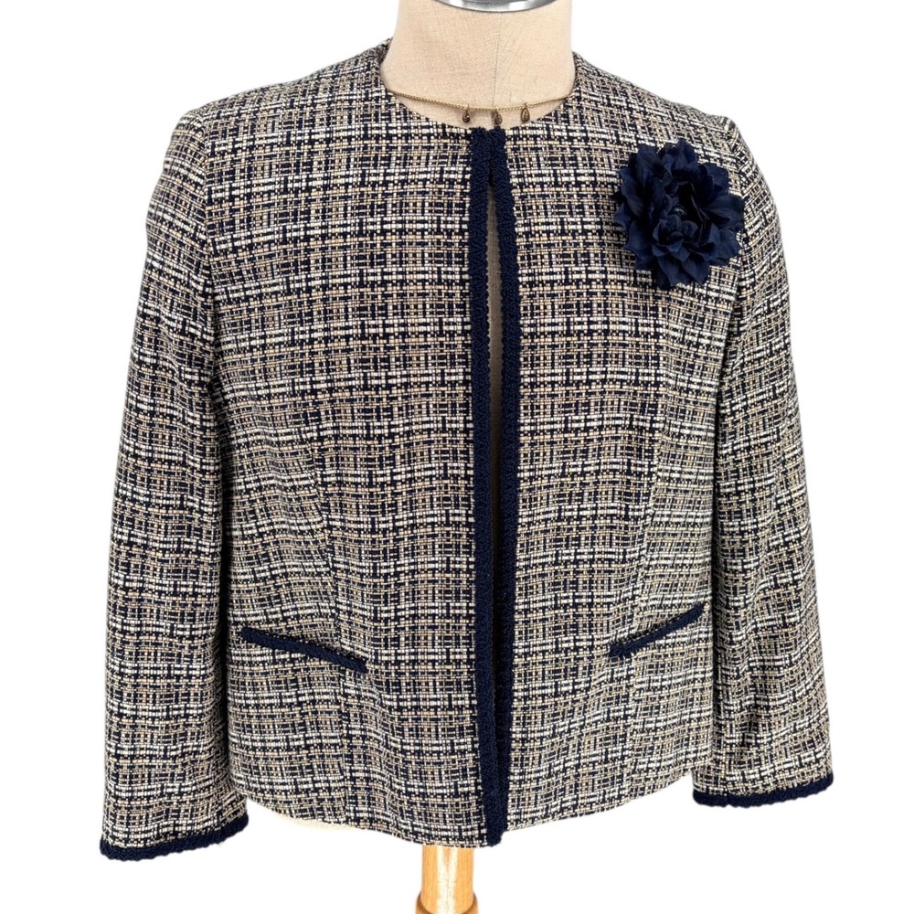 Alfred Dunner Jacket 12P Navy Blue Tweed Open Front Blazer Flower Pin Petite